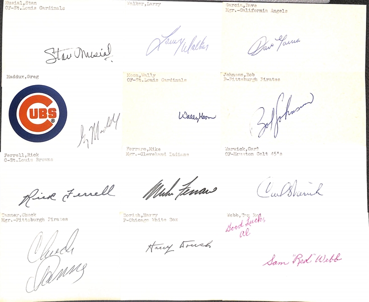 Lot of (200+) Mostly Baseball-Related Signed Index Cards w. Stan Musial, Greg Maddux, Rick Ferrell, Chuck Tanner, Larry Walker, Wally Moon, + (JSA Auction Letter)