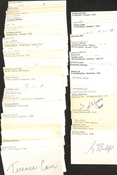 Lot of (175+) Mostly Baseball-Related Signed Index Cards w. Greg Maddux, Ted Kluszewski, Jack Lohrke, Phil Linz, Gene Woodling, George Scherger, Whitey Lockman, + (JSA Auction Letter)
