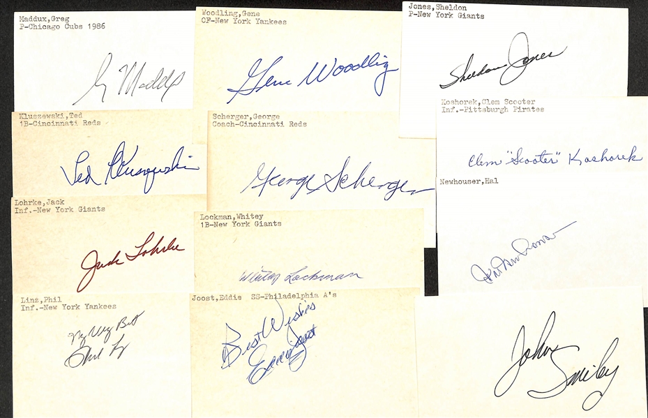 Lot of (175+) Mostly Baseball-Related Signed Index Cards w. Greg Maddux, Ted Kluszewski, Jack Lohrke, Phil Linz, Gene Woodling, George Scherger, Whitey Lockman, + (JSA Auction Letter)