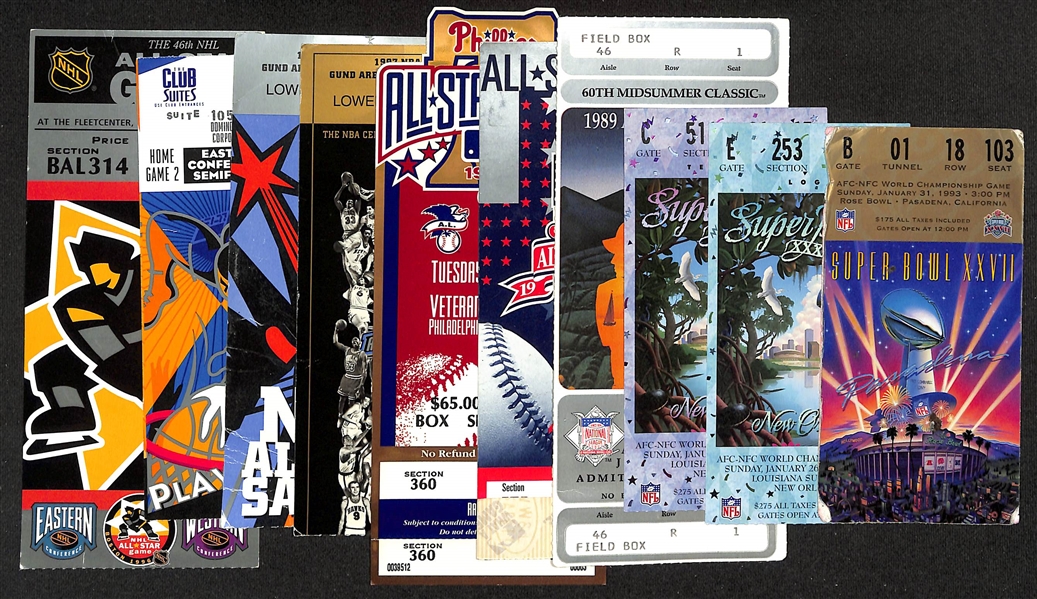 Lot of (10) Playoff and All Star Game Tickets w. (3) Super Bowl Tickets - Super Bowl 27 & (2) Super Bowl 31