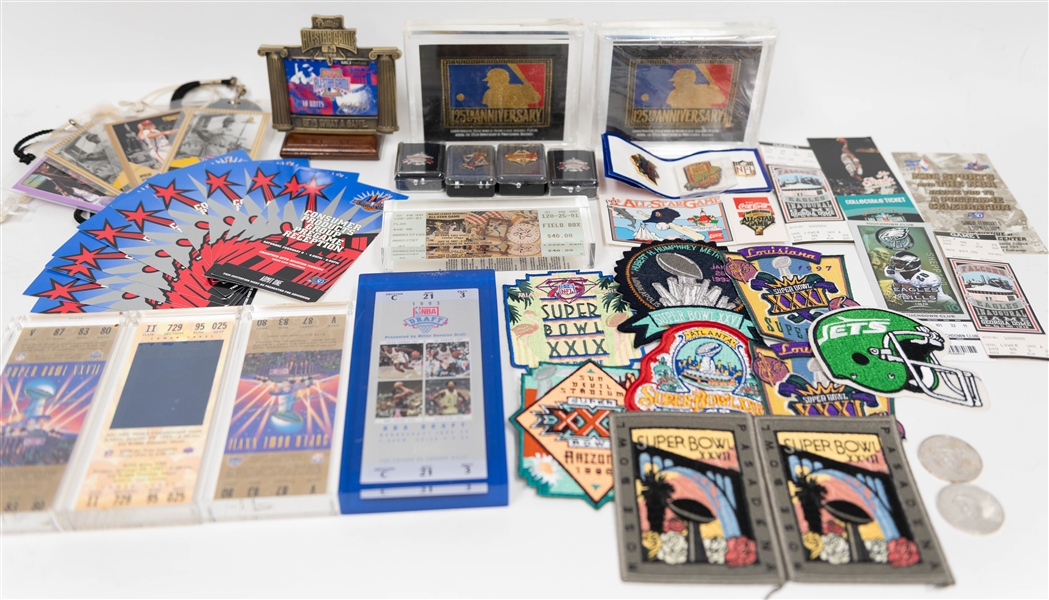 Lot of Various Commemorative Sports Memorabilia w. (2) 1-Troy Ounce .999 Larry Doby Silver Coins, (8) Super Bowl Patches, (2) 125th MLB Anniversary Plaque, (4) All Star Game Tickets, and more!
