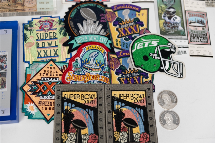 Lot of Various Commemorative Sports Memorabilia w. (2) 1-Troy Ounce .999 Larry Doby Silver Coins, (8) Super Bowl Patches, (2) 125th MLB Anniversary Plaque, (4) All Star Game Tickets, and more!