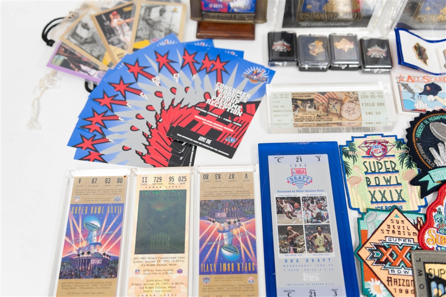 Lot of Various Commemorative Sports Memorabilia w. (2) 1-Troy Ounce .999 Larry Doby Silver Coins, (8) Super Bowl Patches, (2) 125th MLB Anniversary Plaque, (4) All Star Game Tickets, and more!
