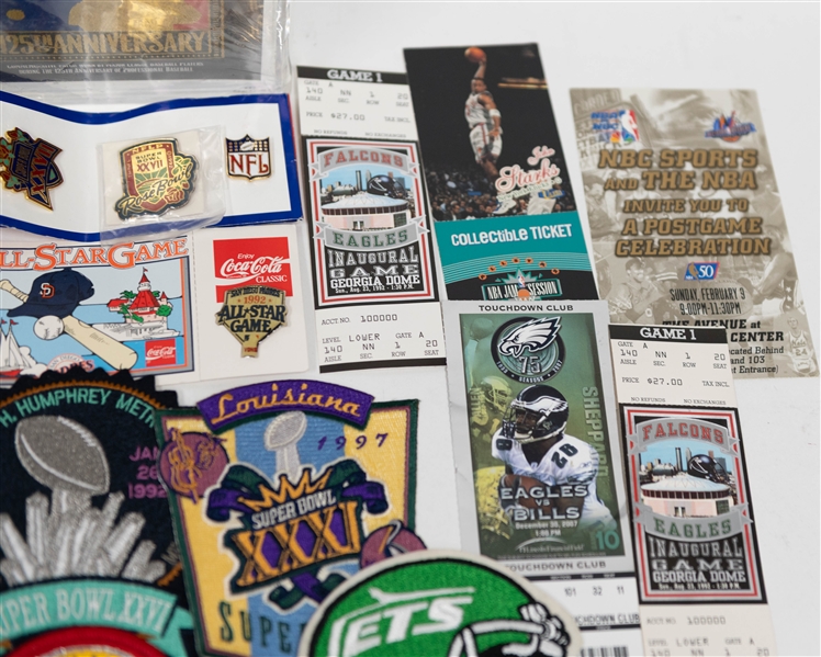 Lot of Various Commemorative Sports Memorabilia w. (2) 1-Troy Ounce .999 Larry Doby Silver Coins, (8) Super Bowl Patches, (2) 125th MLB Anniversary Plaque, (4) All Star Game Tickets, and more!