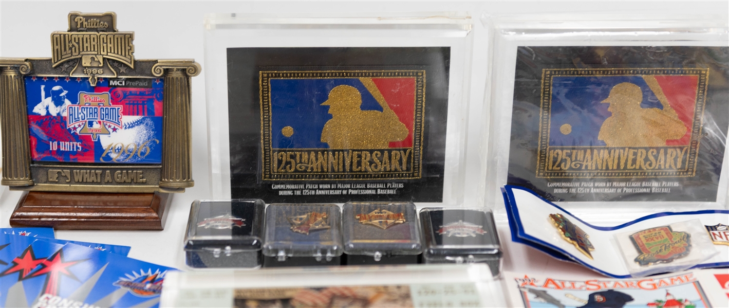 Lot of Various Commemorative Sports Memorabilia w. (2) 1-Troy Ounce .999 Larry Doby Silver Coins, (8) Super Bowl Patches, (2) 125th MLB Anniversary Plaque, (4) All Star Game Tickets, and more!