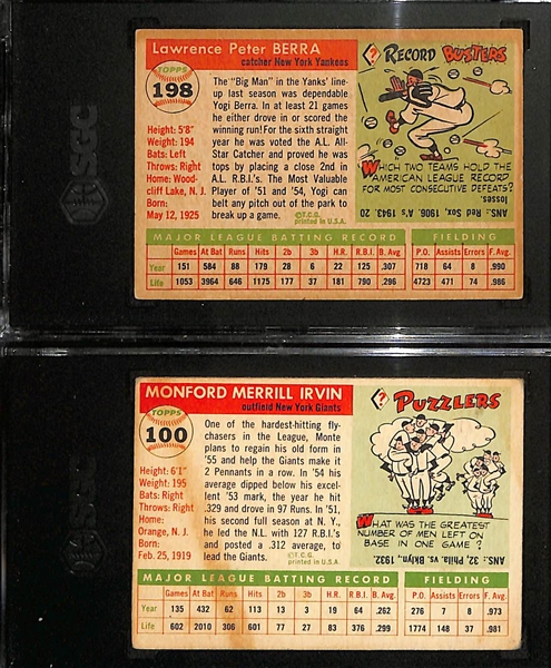 Lot of (2) SGC Graded 1955 Topps Cards - Yogi Berra #198 (SGC 3), Monte Irvin #100 (SGC 2.5)