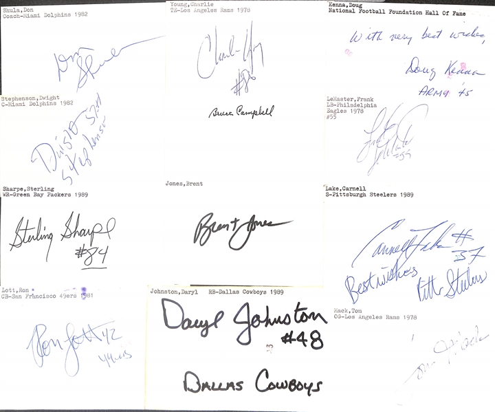 Lot of (150+) Signed Football Index Cards w. Don Shula, Dwight Stephenson, Sterling Sharpe, Ron Lott, + (JSA Auction Letter)