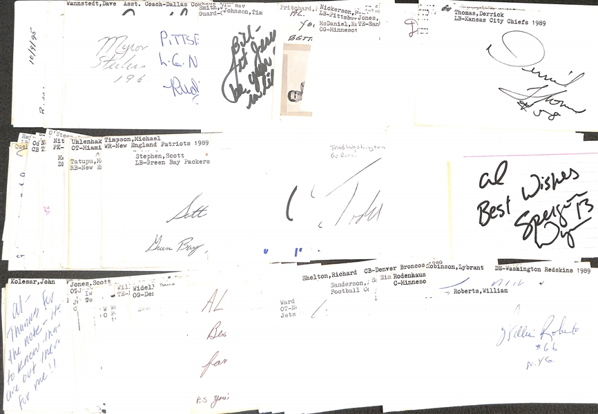 Lot of (150+) Signed Football Index Cards w. Derrick Thomas, Charlie Conerly, John Chickerneo, Joe Krupa, + (JSA Auction Letter)