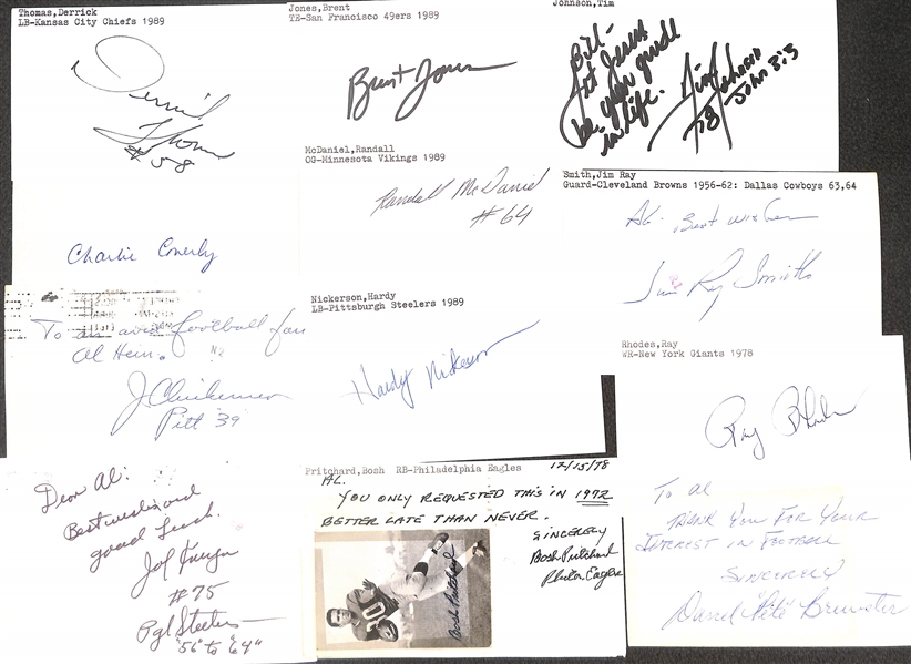 Lot of (150+) Signed Football Index Cards w. Derrick Thomas, Charlie Conerly, John Chickerneo, Joe Krupa, + (JSA Auction Letter)
