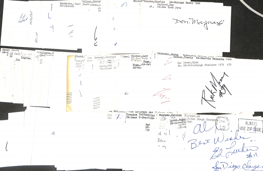 Lot of (150+) Signed Football Index Cards w. Don Maynard, Charlie Conerly, Charlie O'Rourke, George Wilson, + (JSA Auction Letter) 