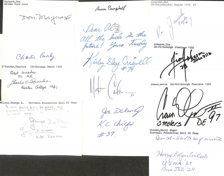 Lot of (150+) Signed Football Index Cards w. Don Maynard, Charlie Conerly, Charlie O'Rourke, George Wilson, + (JSA Auction Letter) 