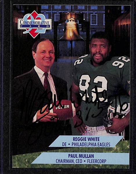 (2) Signed Reggie White Football Cards - Both 1992 Fleer Commemorative Cards W. Fleer CEO Paul Mullan (JSA Auction Letter)