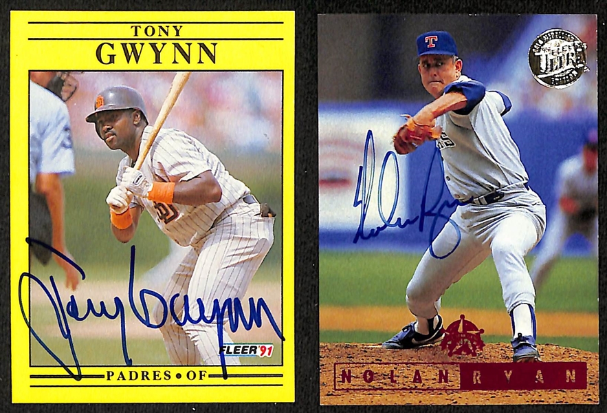 (18) Signed Baseball Cards w. Tony Gwynn, Nolan Ryan, (13) Tom Glavine, (2) Tim Salmon, Mike Jackson (JSA Auction Letter)