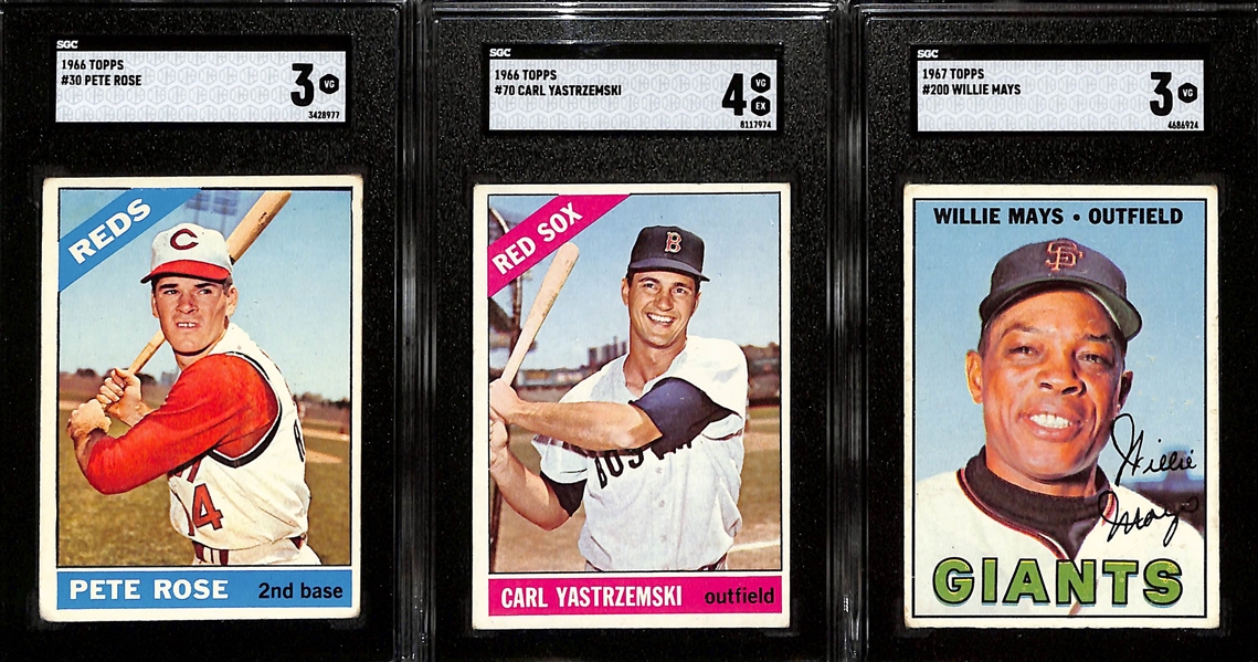 Lot of (3) SGC Graded 1960s Topps Cards - 1966 Pete Rose #30 (SGC 3), 1966 Carl Yastrzemski #70 (SGC 4), 1967 Willie Mays #200 (SGC 3)