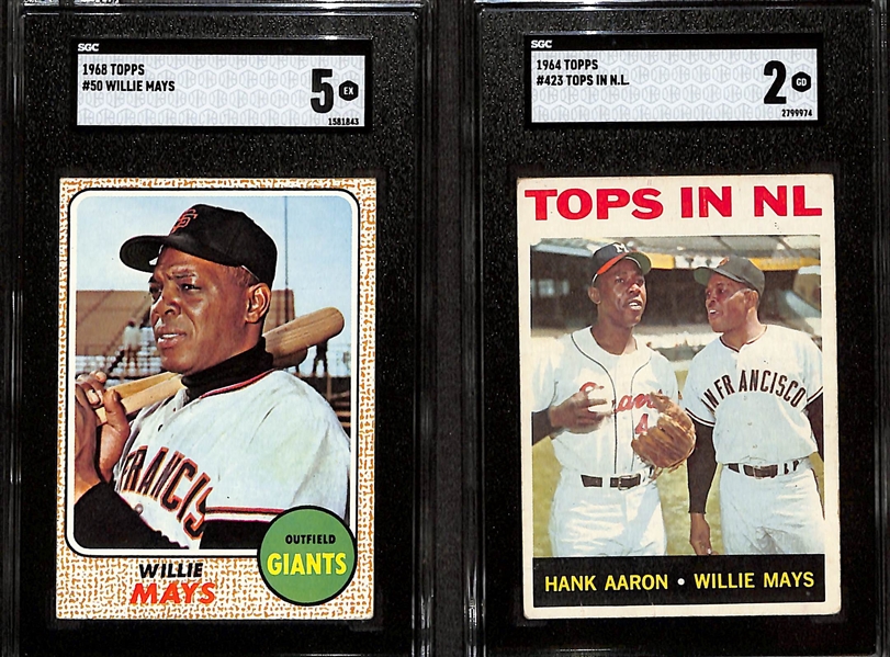 Lot of (2) SGC Graded Willie Mays Topps Cards - 1968 #50 (SGC 5), 1964 Tops In NL #423 w. Hank Aaron (SGC 2)
