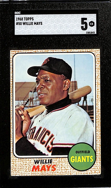 Lot of (2) SGC Graded Willie Mays Topps Cards - 1968 #50 (SGC 5), 1964 Tops In NL #423 w. Hank Aaron (SGC 2)