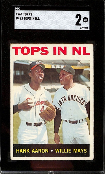 Lot of (2) SGC Graded Willie Mays Topps Cards - 1968 #50 (SGC 5), 1964 Tops In NL #423 w. Hank Aaron (SGC 2)