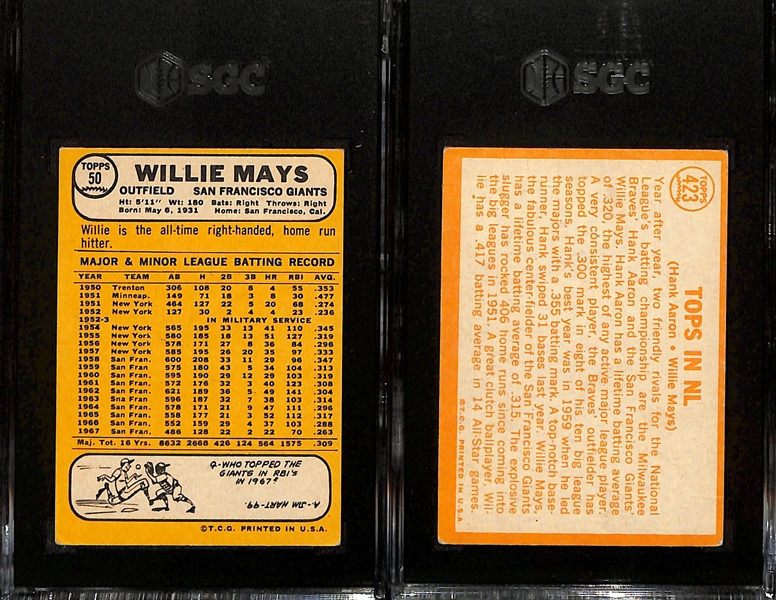 Lot of (2) SGC Graded Willie Mays Topps Cards - 1968 #50 (SGC 5), 1964 Tops In NL #423 w. Hank Aaron (SGC 2)