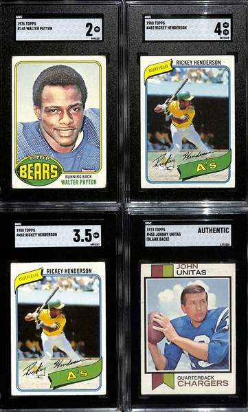 Lot of (4) SGC Graded Vintage Hall Of Fame Topps Cards - 1976 Walter Payton Rookie (SGC 2), (2) 1980 Rickey Henderson Rookies (SGC 3.5 & 4), 1973 Johnny Unitas Blank Back (SGC Authentic)