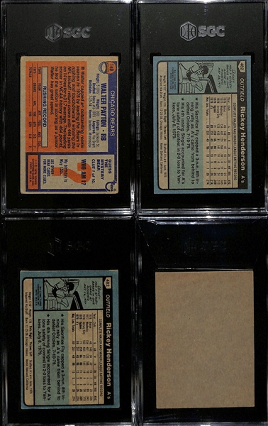 Lot of (4) SGC Graded Vintage Hall Of Fame Topps Cards - 1976 Walter Payton Rookie (SGC 2), (2) 1980 Rickey Henderson Rookies (SGC 3.5 & 4), 1973 Johnny Unitas Blank Back (SGC Authentic)