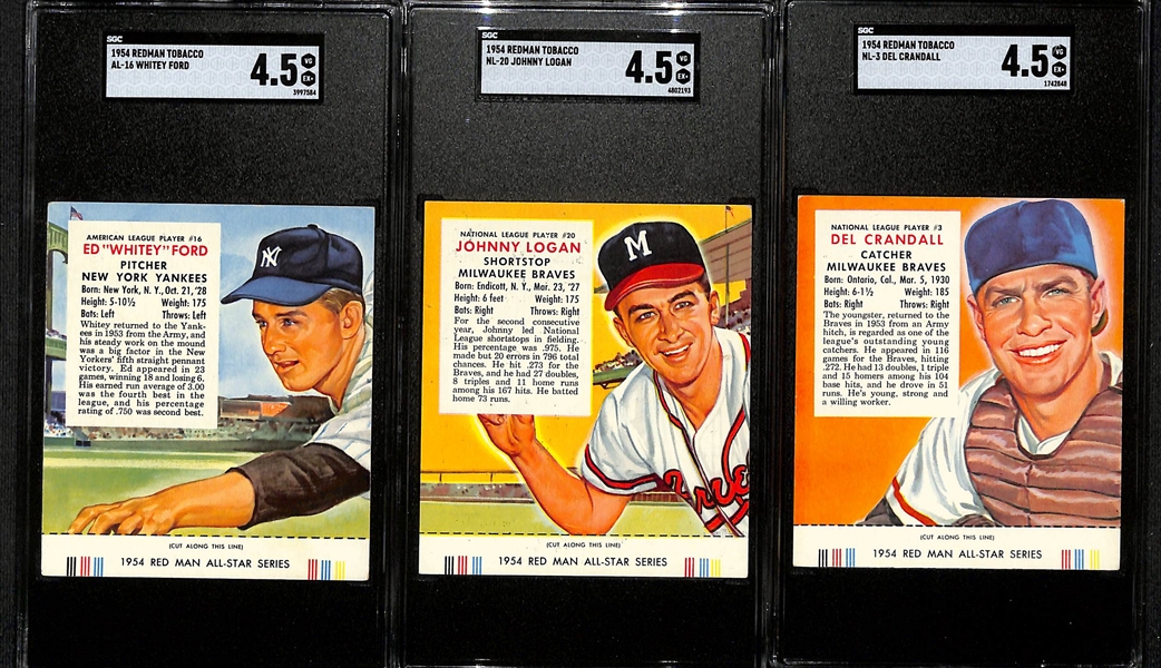 Lot of (3) SGC Grade 4.5 - 1954 Redman Tabacco Cards with Tabs- Whitey Ford, Johnny Logan, Del Crandall
