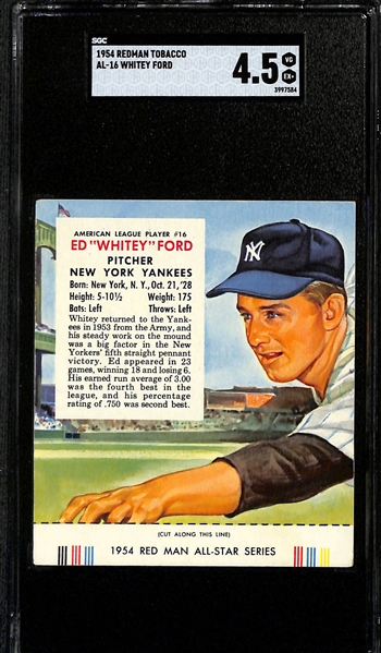 Lot of (3) SGC Grade 4.5 - 1954 Redman Tabacco Cards with Tabs- Whitey Ford, Johnny Logan, Del Crandall