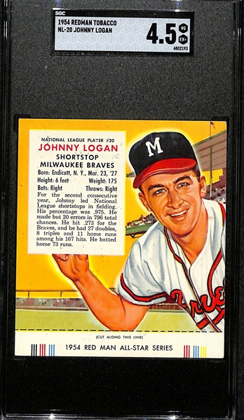 Lot of (3) SGC Grade 4.5 - 1954 Redman Tabacco Cards with Tabs- Whitey Ford, Johnny Logan, Del Crandall