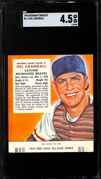 Lot of (3) SGC Grade 4.5 - 1954 Redman Tabacco Cards with Tabs- Whitey Ford, Johnny Logan, Del Crandall