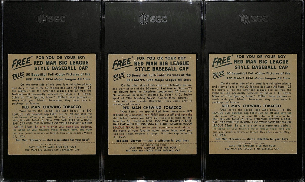 Lot of (3) SGC Grade 4.5 - 1954 Redman Tabacco Cards with Tabs- Whitey Ford, Johnny Logan, Del Crandall