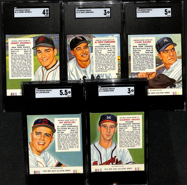 Lot of (5) SGC Graded 1954 Redman Tobacco Cards with Tabs - Warren Spahn (SGC 3), Chico Carrasquel (SGC 3), Hank Bauer (SGC 5), Rip Repulski (SGC 5.5), Johnny Antonelli (SGC 4)