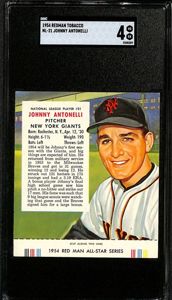 Lot of (5) SGC Graded 1954 Redman Tobacco Cards with Tabs - Warren Spahn (SGC 3), Chico Carrasquel (SGC 3), Hank Bauer (SGC 5), Rip Repulski (SGC 5.5), Johnny Antonelli (SGC 4)