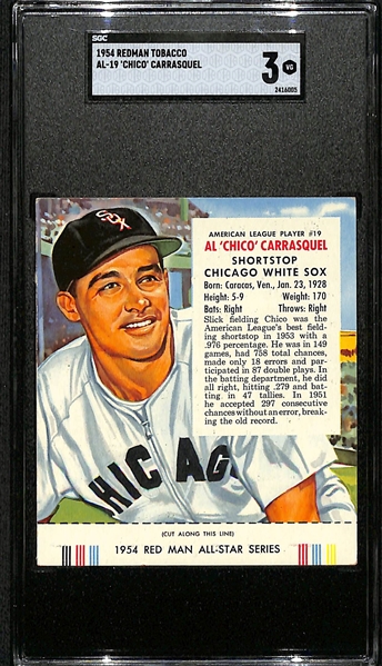Lot of (5) SGC Graded 1954 Redman Tobacco Cards with Tabs - Warren Spahn (SGC 3), Chico Carrasquel (SGC 3), Hank Bauer (SGC 5), Rip Repulski (SGC 5.5), Johnny Antonelli (SGC 4)