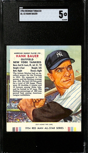 Lot of (5) SGC Graded 1954 Redman Tobacco Cards with Tabs - Warren Spahn (SGC 3), Chico Carrasquel (SGC 3), Hank Bauer (SGC 5), Rip Repulski (SGC 5.5), Johnny Antonelli (SGC 4)