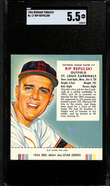 Lot of (5) SGC Graded 1954 Redman Tobacco Cards with Tabs - Warren Spahn (SGC 3), Chico Carrasquel (SGC 3), Hank Bauer (SGC 5), Rip Repulski (SGC 5.5), Johnny Antonelli (SGC 4)