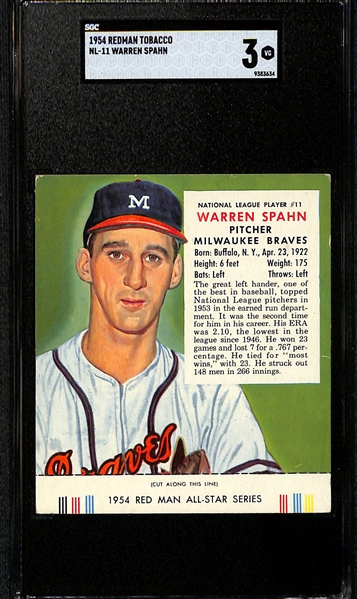Lot of (5) SGC Graded 1954 Redman Tobacco Cards with Tabs - Warren Spahn (SGC 3), Chico Carrasquel (SGC 3), Hank Bauer (SGC 5), Rip Repulski (SGC 5.5), Johnny Antonelli (SGC 4)