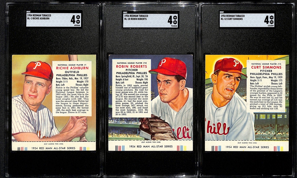 Lot of (3) SGC 4 - 1954 Redman Tobacco Phillies Cards with Tabs - Richie Ashburn, Robin Roberts, Curt Simmons