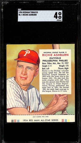 Lot of (3) SGC 4 - 1954 Redman Tobacco Phillies Cards with Tabs - Richie Ashburn, Robin Roberts, Curt Simmons