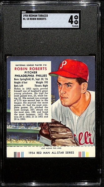 Lot of (3) SGC 4 - 1954 Redman Tobacco Phillies Cards with Tabs - Richie Ashburn, Robin Roberts, Curt Simmons