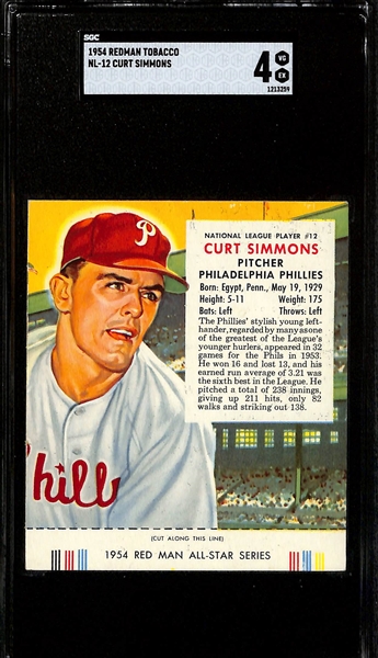Lot of (3) SGC 4 - 1954 Redman Tobacco Phillies Cards with Tabs - Richie Ashburn, Robin Roberts, Curt Simmons