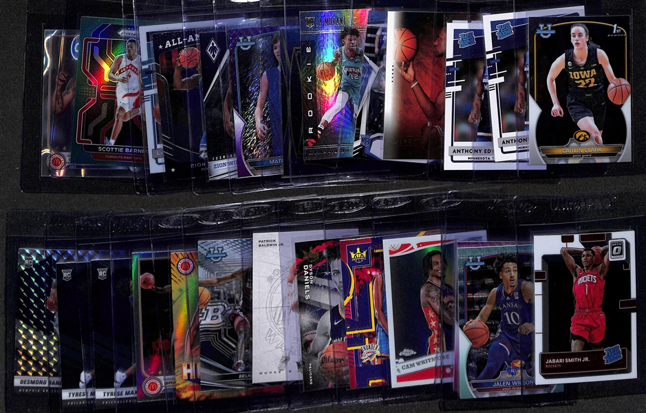 Lot of (26) Modern Basketball Rookie Cards w. 2022-23 Topps BCU Caitlin Clark, (2) 2020-21 Donruss Anthony Edwards, 2003-04 Upper Deck LeBron James, +