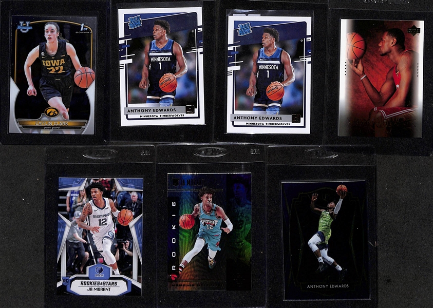 Lot of (26) Modern Basketball Rookie Cards w. 2022-23 Topps BCU Caitlin Clark, (2) 2020-21 Donruss Anthony Edwards, 2003-04 Upper Deck LeBron James, +