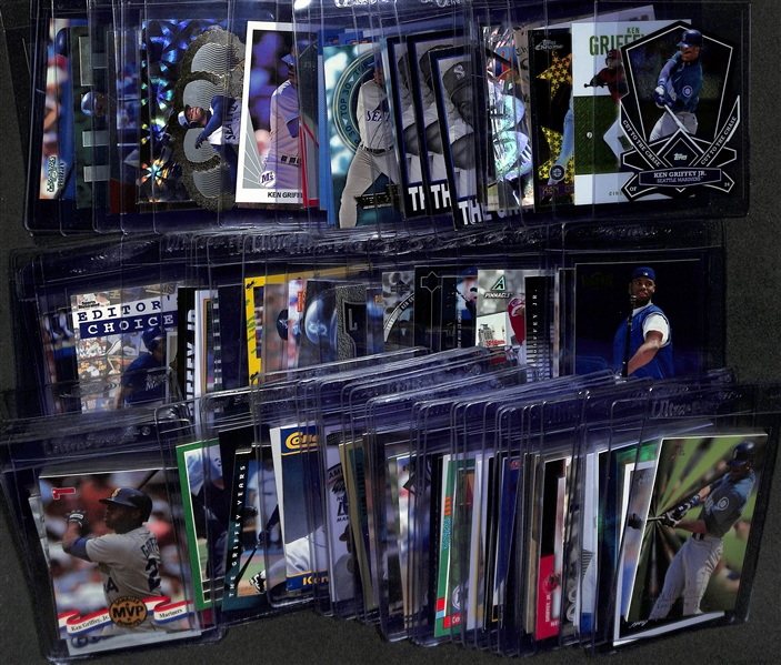 (100) Ken Griffey Jr Cards w. Many Inserts & Premium Cards - Inc. 2013 Topps Cut To The Chase, 2003 Topps Pristine, 1996 Topps Chrome, 1993 Topps Gold, 1995 Fleer Headliners, 1999 Topps Power...