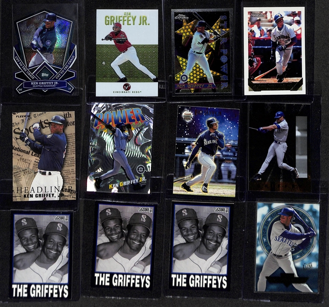 (100) Ken Griffey Jr Cards w. Many Inserts & Premium Cards - Inc. 2013 Topps Cut To The Chase, 2003 Topps Pristine, 1996 Topps Chrome, 1993 Topps Gold, 1995 Fleer Headliners, 1999 Topps Power...