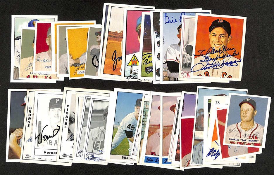 Lot of (46) Signed Old Timers Reprint Baseball Cards inc. Dom DiMaggio, Mel Parnel, Bill Rigney, Dick Groat, Tommy Henrich, + (JSA Auction Letter)