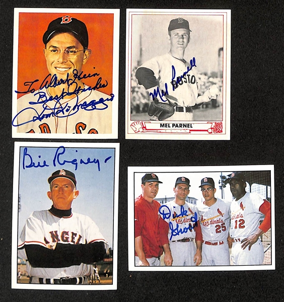 Lot of (46) Signed Old Timers Reprint Baseball Cards inc. Dom DiMaggio, Mel Parnel, Bill Rigney, Dick Groat, Tommy Henrich, + (JSA Auction Letter)