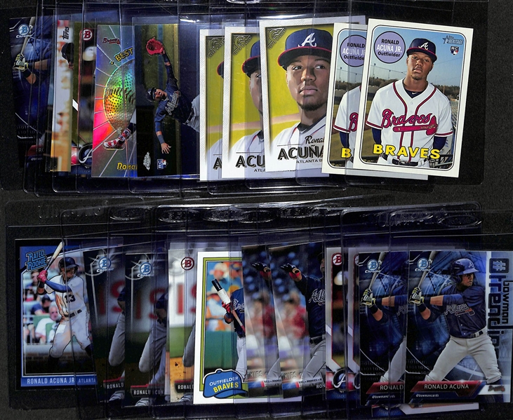 Lot of (24) Ronald Acuna Jr Rookie Cards inc. (2) 2018 Heritage, (3) Topps Gallery, 2018 Topps Chrome Update, 2018 Bowmans Best Performers, 2018 Bowman Camo, +