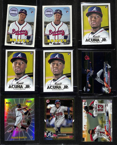 Lot of (24) Ronald Acuna Jr Rookie Cards inc. (2) 2018 Heritage, (3) Topps Gallery, 2018 Topps Chrome Update, 2018 Bowmans Best Performers, 2018 Bowman Camo, +