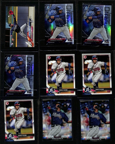 Lot of (24) Ronald Acuna Jr Rookie Cards inc. (2) 2018 Heritage, (3) Topps Gallery, 2018 Topps Chrome Update, 2018 Bowmans Best Performers, 2018 Bowman Camo, +