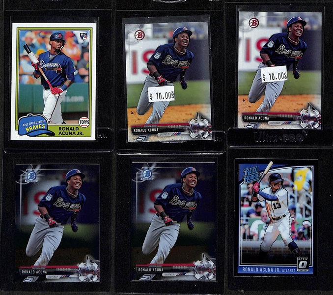 Lot of (24) Ronald Acuna Jr Rookie Cards inc. (2) 2018 Heritage, (3) Topps Gallery, 2018 Topps Chrome Update, 2018 Bowmans Best Performers, 2018 Bowman Camo, +
