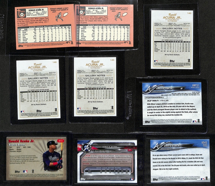 Lot of (24) Ronald Acuna Jr Rookie Cards inc. (2) 2018 Heritage, (3) Topps Gallery, 2018 Topps Chrome Update, 2018 Bowmans Best Performers, 2018 Bowman Camo, +